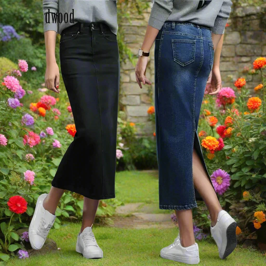 2. Clothing Denim Midi Skirt with Stretch