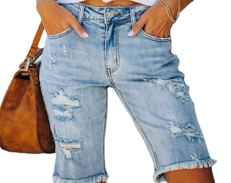 2. Clothing Distressed Stretch Denim Bicycle Shorts