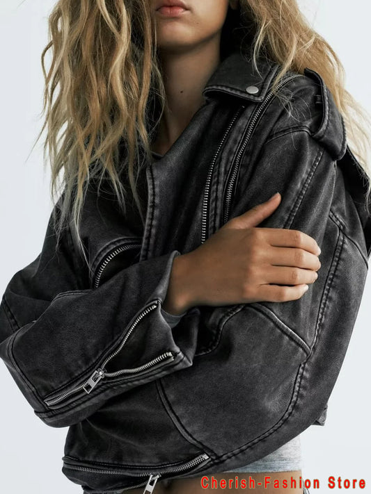 1. Clothing Washed Faux Leather Crop Moto Jacket