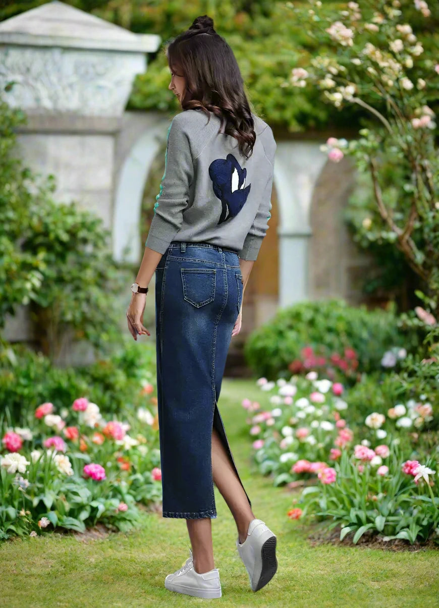 2. Clothing Denim Midi Skirt with Stretch