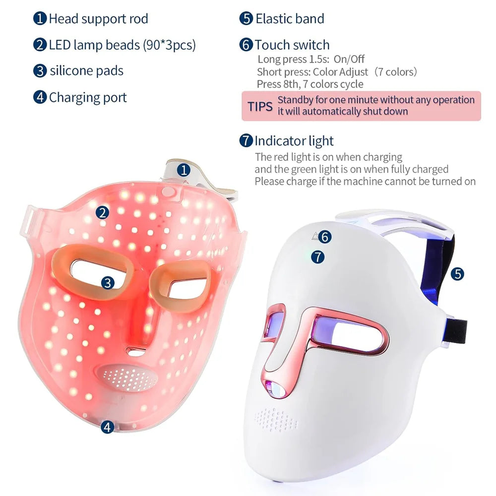 1. Gear 7 Colors LED Facial Mask Photon Therapy Red Light Facial Skin Care Repair Skin Anti Shrink Pore Wireless Use Beauty Mask