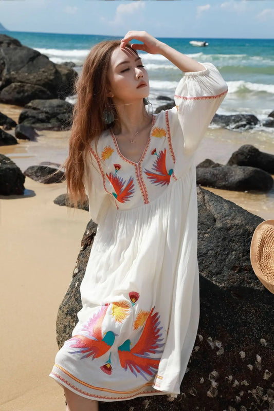 1. Clothing Boho Embroidered Beach Dress V-neck 3/4 Sleeves